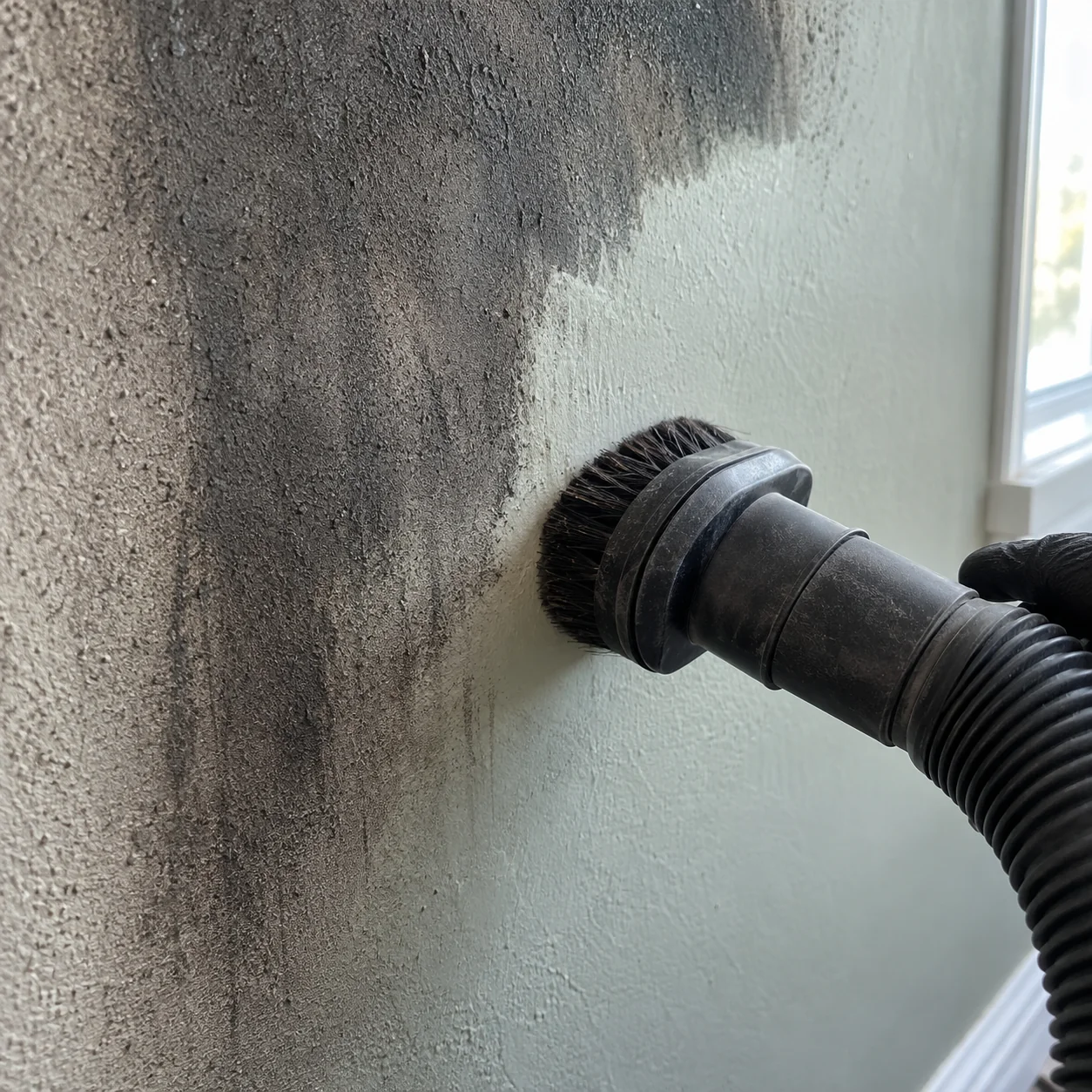 Détail d’un mur en cours de nettoyage de la suie